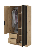 Load image into Gallery viewer, Nelly Hinged Door Wardrobe 105cm [Mirror] Arte-N NELLY 2D-OALM-M Durable modern, the Nelly two-door wardrobe is design-led, with a stylish mirrored finish that will blend seamlessly into any bedroom. Featuring four shelves, one hanging rail two drawers for storage, it offers ample storage space yet is compact enough to fit in the small areas. W105cm x H200cm x D51cm Colour: Oak Artisan Lamela Black Graphite Lamela Artisan Grey Lamela Artisan Two Hinged Doors [One Mirror] Four Shelves Hanging Rail Two Drawer