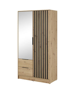 Nelly Hinged Door Wardrobe 105cm [Mirror] Arte-N NELLY 2D-OALM-M Durable modern, the Nelly two-door wardrobe is design-led, with a stylish mirrored finish that will blend seamlessly into any bedroom. Featuring four shelves, one hanging rail two drawers for storage, it offers ample storage space yet is compact enough to fit in the small areas. W105cm x H200cm x D51cm Colour: Oak Artisan Lamela Black Graphite Lamela Artisan Grey Lamela Artisan Two Hinged Doors [One Mirror] Four Shelves Hanging Rail Two Drawer