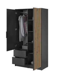 Nelly Hinged Door Wardrobe 105cm [Mirror] Arte-N NELLY 2D-OALM-M Durable modern, the Nelly two-door wardrobe is design-led, with a stylish mirrored finish that will blend seamlessly into any bedroom. Featuring four shelves, one hanging rail two drawers for storage, it offers ample storage space yet is compact enough to fit in the small areas. W105cm x H200cm x D51cm Colour: Oak Artisan Lamela Black Graphite Lamela Artisan Grey Lamela Artisan Two Hinged Doors [One Mirror] Four Shelves Hanging Rail Two Drawer