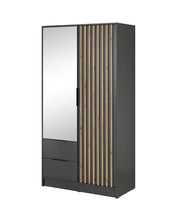 Load image into Gallery viewer, Nelly Hinged Door Wardrobe 105cm [Mirror] Arte-N NELLY 2D-OALM-M Durable modern, the Nelly two-door wardrobe is design-led, with a stylish mirrored finish that will blend seamlessly into any bedroom. Featuring four shelves, one hanging rail two drawers for storage, it offers ample storage space yet is compact enough to fit in the small areas. W105cm x H200cm x D51cm Colour: Oak Artisan Lamela Black Graphite Lamela Artisan Grey Lamela Artisan Two Hinged Doors [One Mirror] Four Shelves Hanging Rail Two Drawer