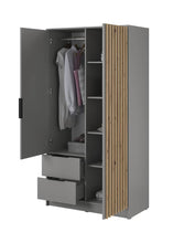 Load image into Gallery viewer, Nelly Hinged Door Wardrobe 105cm [Mirror] Arte-N NELLY 2D-OALM-M Durable modern, the Nelly two-door wardrobe is design-led, with a stylish mirrored finish that will blend seamlessly into any bedroom. Featuring four shelves, one hanging rail two drawers for storage, it offers ample storage space yet is compact enough to fit in the small areas. W105cm x H200cm x D51cm Colour: Oak Artisan Lamela Black Graphite Lamela Artisan Grey Lamela Artisan Two Hinged Doors [One Mirror] Four Shelves Hanging Rail Two Drawer