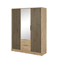 Load image into Gallery viewer, Nelly Hinged Door Wardrobe 155cm [Mirror] Arte-N NELLY 3D-OALM-M Sleek, elegant practical. The three-door Nelly wardrobe has everything you need for a well-organized home. With two drawers eight shelves for storage, it will look great in any bedroom. Available in a range of different colours, it will effortlessly blend in any modern or contemporary decor. W155cm x H200cm x D51cm Colour: Oak Artisan Lamela Black Graphite Lamela Artisan Grey Lamela Artisan Three Hinged Doors [One Mirror] Eight Shelves Hanging