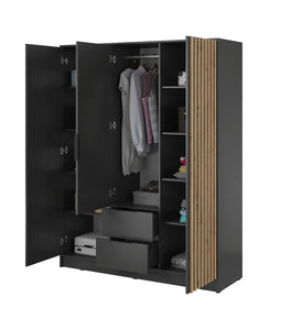 Nelly Hinged Door Wardrobe 155cm [Mirror] Arte-N NELLY 3D-OALM-M Sleek, elegant practical. The three-door Nelly wardrobe has everything you need for a well-organized home. With two drawers eight shelves for storage, it will look great in any bedroom. Available in a range of different colours, it will effortlessly blend in any modern or contemporary decor. W155cm x H200cm x D51cm Colour: Oak Artisan Lamela Black Graphite Lamela Artisan Grey Lamela Artisan Three Hinged Doors [One Mirror] Eight Shelves Hanging