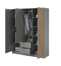Load image into Gallery viewer, Nelly Hinged Door Wardrobe 155cm [Mirror] Arte-N NELLY 3D-OALM-M Sleek, elegant practical. The three-door Nelly wardrobe has everything you need for a well-organized home. With two drawers eight shelves for storage, it will look great in any bedroom. Available in a range of different colours, it will effortlessly blend in any modern or contemporary decor. W155cm x H200cm x D51cm Colour: Oak Artisan Lamela Black Graphite Lamela Artisan Grey Lamela Artisan Three Hinged Doors [One Mirror] Eight Shelves Hanging
