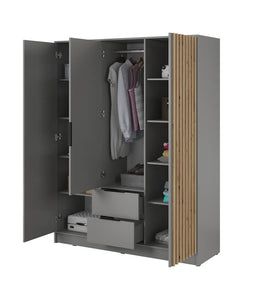 Nelly Hinged Door Wardrobe 155cm [Mirror] Arte-N NELLY 3D-OALM-M Sleek, elegant practical. The three-door Nelly wardrobe has everything you need for a well-organized home. With two drawers eight shelves for storage, it will look great in any bedroom. Available in a range of different colours, it will effortlessly blend in any modern or contemporary decor. W155cm x H200cm x D51cm Colour: Oak Artisan Lamela Black Graphite Lamela Artisan Grey Lamela Artisan Three Hinged Doors [One Mirror] Eight Shelves Hanging
