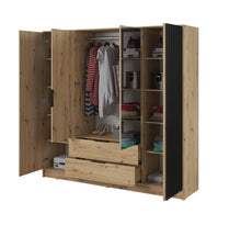 Load image into Gallery viewer, Nelly Hinged Door Wardrobe 206cm [Mirror] Arte-N NELLY 4D-OALM-M This stylish, highly functional versatile mirrored four-door wardrobe is the ideal storage solution to meet all your bedroom needs. Featuring eight broad shelves, one hanging rail two spacious drawers for storage, it will effortlessly blend in any modern or contemporary decor. It is made from 16mm laminated board so you can be assured it is durable, abrasion-resistant exceptionally sturdy. W206cm x H200cm x D51cm Colour: Oak Artisan Lamela Bla