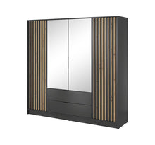 Load image into Gallery viewer, Nelly Hinged Door Wardrobe 206cm [Mirror] Arte-N NELLY 4D-OALM-M This stylish, highly functional versatile mirrored four-door wardrobe is the ideal storage solution to meet all your bedroom needs. Featuring eight broad shelves, one hanging rail two spacious drawers for storage, it will effortlessly blend in any modern or contemporary decor. It is made from 16mm laminated board so you can be assured it is durable, abrasion-resistant exceptionally sturdy. W206cm x H200cm x D51cm Colour: Oak Artisan Lamela Bla