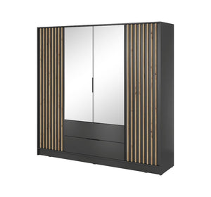 Nelly Hinged Door Wardrobe 206cm [Mirror] Arte-N NELLY 4D-OALM-M This stylish, highly functional versatile mirrored four-door wardrobe is the ideal storage solution to meet all your bedroom needs. Featuring eight broad shelves, one hanging rail two spacious drawers for storage, it will effortlessly blend in any modern or contemporary decor. It is made from 16mm laminated board so you can be assured it is durable, abrasion-resistant exceptionally sturdy. W206cm x H200cm x D51cm Colour: Oak Artisan Lamela Bla