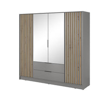 Load image into Gallery viewer, Nelly Hinged Door Wardrobe 206cm [Mirror] Arte-N NELLY 4D-OALM-M This stylish, highly functional versatile mirrored four-door wardrobe is the ideal storage solution to meet all your bedroom needs. Featuring eight broad shelves, one hanging rail two spacious drawers for storage, it will effortlessly blend in any modern or contemporary decor. It is made from 16mm laminated board so you can be assured it is durable, abrasion-resistant exceptionally sturdy. W206cm x H200cm x D51cm Colour: Oak Artisan Lamela Bla