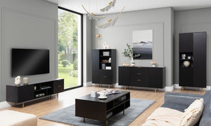 Nubia Highboard Cabinet 80cm Arte-N NUBIA-NB-04-CAH W80cm x H140cm x D41cm Colour: Cashmere Black One Hinged Door Four Shelves Two Drawers Gold Metal Legs Weight: 51kg ABS Edging Matching Furniture Available  MDF Milled Front Made from 16mm high-quality laminated board Assembly Required Estimated Direct Home Delivery Time: 3 - 4 Weeks