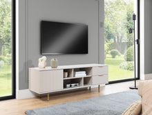 Load image into Gallery viewer, Nubia TV Cabinet 150cm Arte-N NUBIA-NB-06-CAH W150cm x H52cm x D41cm Colour: Cashmere Black One Hinged Door Four Open Compartments Two Drawers Cable Management System Gold Metal Legs Weight: 52kg ABS Edging Matching Furniture Available MDF Milled Front Made from 16mm high-quality laminated board Assembly Required Estimated Direct Home Delivery Time: 3 - 4 Weeks