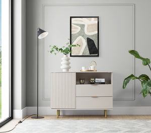 Nubia Sideboard Cabinet 107cm Arte-N NUBIA-NB-01-CAH W107cm x H80cm x D41cm Colour: Cashmere Black One Hinged Door One Shelf Two Drawers One Open Compartment Gold Metal Legs Weight: 40kg ABS Edging Matching Furniture Available  MDF Milled Front Made from 16mm high-quality laminated board Assembly Required Estimated Direct Home Delivery Time: 3 - 4 Weeks