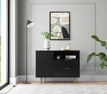 Load image into Gallery viewer, Nubia Sideboard Cabinet 107cm Arte-N NUBIA-NB-01-CAH W107cm x H80cm x D41cm Colour: Cashmere Black One Hinged Door One Shelf Two Drawers One Open Compartment Gold Metal Legs Weight: 40kg ABS Edging Matching Furniture Available  MDF Milled Front Made from 16mm high-quality laminated board Assembly Required Estimated Direct Home Delivery Time: 3 - 4 Weeks