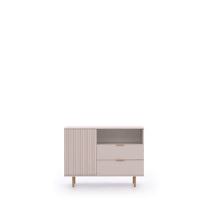 Nubia Sideboard Cabinet 107cm Arte-N NUBIA-NB-01-CAH W107cm x H80cm x D41cm Colour: Cashmere Black One Hinged Door One Shelf Two Drawers One Open Compartment Gold Metal Legs Weight: 40kg ABS Edging Matching Furniture Available  MDF Milled Front Made from 16mm high-quality laminated board Assembly Required Estimated Direct Home Delivery Time: 3 - 4 Weeks