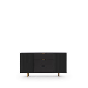 Nubia Sideboard Cabinet 150cm Arte-N NUBIA-NB-02-CAH W150cm x H80cm x D41cm Colour: Cashmere Black Two Hinged Doors Two Shelves Three Drawers Gold Metal Legs Weight: 56kg ABS Edging Matching Furniture Available  MDF Milled Front Made from 16mm high-quality laminated board Assembly Required Estimated Direct Home Delivery Time: 3 - 4 Weeks