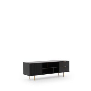 Nubia TV Cabinet 150cm Arte-N NUBIA-NB-06-CAH W150cm x H52cm x D41cm Colour: Cashmere Black One Hinged Door Four Open Compartments Two Drawers Cable Management System Gold Metal Legs Weight: 52kg ABS Edging Matching Furniture Available MDF Milled Front Made from 16mm high-quality laminated board Assembly Required Estimated Direct Home Delivery Time: 3 - 4 Weeks