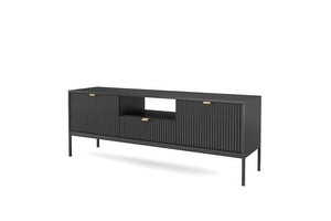 Nova TV Cabinet 154cm Arte-N NOVA-RTV-154-G Nova is the perfect TV cabinet that can easily fit in any modern or contemporary space. It features two hinged doors, one drawer one open compartment for storage. Available in three colour schemes with black metal legs, it will effortlessly blend in any decor. Made from 16mm laminated board reinforced with ABS edging, the Nova TV cabinet will be a great addition to your living area! W154cm x H56cm x D39cm Colour: Black Matt Grey Matt White Matt Two Hinged Doors Op