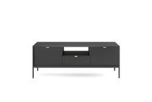 Load image into Gallery viewer, Nova TV Cabinet 154cm Arte-N NOVA-RTV-154-G Nova is the perfect TV cabinet that can easily fit in any modern or contemporary space. It features two hinged doors, one drawer one open compartment for storage. Available in three colour schemes with black metal legs, it will effortlessly blend in any decor. Made from 16mm laminated board reinforced with ABS edging, the Nova TV cabinet will be a great addition to your living area! W154cm x H56cm x D39cm Colour: Black Matt Grey Matt White Matt Two Hinged Doors Op
