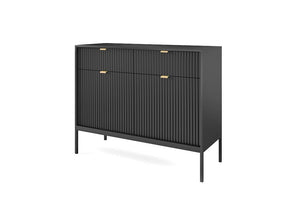 Nova Sideboard Cabinet 104cm Arte-N NOVA-KSZ-104-G Modern, sleek sophisticated. Nova is a modern sideboard cabinet that delivers on all fronts. With refined details throughout, it is available in three different colour schemes that can complement any room decor style. Storage options include two hinged doors, four closed compartments a pair of drawers, making the Nova sideboard a perfect choice for creating functional space in your home. W104cm x H83cm x D39cm Colour: Black Matt Grey Matt Two Hinged Doors T