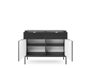 Nova Sideboard Cabinet 104cm Arte-N NOVA-KSZ-104-G Modern, sleek sophisticated. Nova is a modern sideboard cabinet that delivers on all fronts. With refined details throughout, it is available in three different colour schemes that can complement any room decor style. Storage options include two hinged doors, four closed compartments a pair of drawers, making the Nova sideboard a perfect choice for creating functional space in your home. W104cm x H83cm x D39cm Colour: Black Matt Grey Matt Two Hinged Doors T