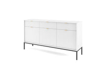 Load image into Gallery viewer, Nova Large Sideboard Cabinet 154cm Arte-N NOVA-KSZ-154-G Nova is a modern stylish sideboard cabinet that will help organize your home, while adding some much-needed style. Its multi-functional design features three hinged doors, six closed compartments a trio of drawers that provides plenty of storage space for all your valuables. This sideboard is made from high-quality 16mm laminated board reinforced with ABS edging for abrasion-resistance long-lasting durability. W154cm x H83cm x D39cm Colour: Black Matt