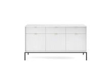 Load image into Gallery viewer, Nova Large Sideboard Cabinet 154cm Arte-N NOVA-KSZ-154-G Nova is a modern stylish sideboard cabinet that will help organize your home, while adding some much-needed style. Its multi-functional design features three hinged doors, six closed compartments a trio of drawers that provides plenty of storage space for all your valuables. This sideboard is made from high-quality 16mm laminated board reinforced with ABS edging for abrasion-resistance long-lasting durability. W154cm x H83cm x D39cm Colour: Black Matt