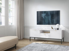 Load image into Gallery viewer, Nova TV Cabinet 154cm Arte-N NOVA-RTV-154-G Nova is the perfect TV cabinet that can easily fit in any modern or contemporary space. It features two hinged doors, one drawer one open compartment for storage. Available in three colour schemes with black metal legs, it will effortlessly blend in any decor. Made from 16mm laminated board reinforced with ABS edging, the Nova TV cabinet will be a great addition to your living area! W154cm x H56cm x D39cm Colour: Black Matt Grey Matt White Matt Two Hinged Doors Op