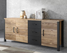 Load image into Gallery viewer, Olin 47 Sideboard Cabinet Arte-N 24ABJC47 Beautifully tailored finished in a timeless oak decor with black matt, this elegant sideboard cabinet will effortlessly blend in any modern or contemporary interior. It is made from 16mm laminated board. The three drawers all feature a durable, smooth-running mechanism. The three hinged doors can be used to store all kinds of living room dining area essentials, including glassware, crockery wine collection. W192cm x H79cm x D43cm Colours: Body Decor: Appenzeller Fic