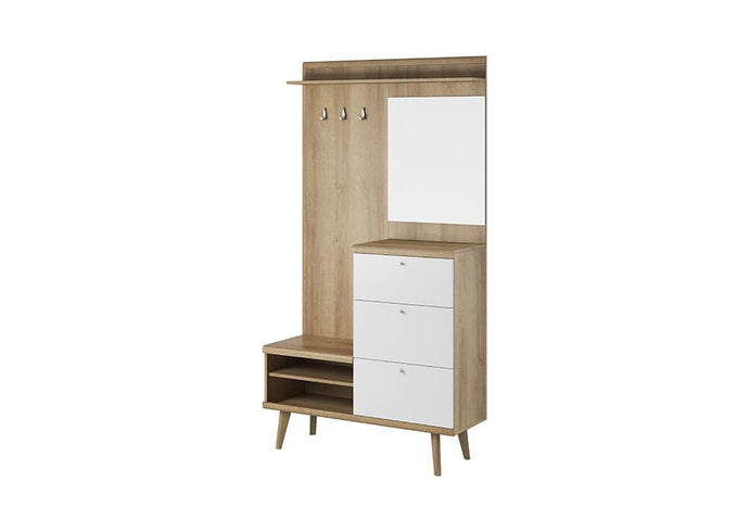 Primo Hallway Unit Arte-N PRIMO-PG110 W110cm x H200cm x D34cm Colour: Front: White Matt Body: Oak Riviera Silver plastic hles Wood Legs 1 Drawer 2 Drop-down doors 2 open storage compartments Mirror with dimensions W55cm x H63cm Made from high-quality 16mm laminated board Weight: 44kg Estimated Direct Home Delivery Time: 5-6 Weeks *Fixings for wall mounting will not be included as you need ones specific for your type of wall.