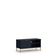 Load image into Gallery viewer, Pula TV Cabinet 101cm Arte-N PL-06-GNT W101cm x H50cm x D41cm Colour: Navy Black Portl Ash One Closed Compartment One Shelf Cable Management System Gold Metal Legs Hles Weight: 22kg Matching Furniture Available  Made from 16mm high-quality laminated board Assembly Required Estimated Direct Home Delivery Time: 3 - 4 Weeks