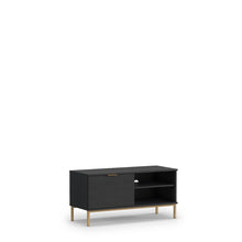 Load image into Gallery viewer, Pula TV Cabinet 101cm Arte-N PL-06-GNT W101cm x H50cm x D41cm Colour: Navy Black Portl Ash One Closed Compartment One Shelf Cable Management System Gold Metal Legs Hles Weight: 22kg Matching Furniture Available  Made from 16mm high-quality laminated board Assembly Required Estimated Direct Home Delivery Time: 3 - 4 Weeks