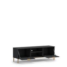 Load image into Gallery viewer, Pula TV Cabinet 150cm Arte-N PL-07-GNT W150cm x H50cm x D41cm Colour: Navy Black Portl Ash Two Closed Compartments One Shelf Cable Management System Gold Metal Legs Hles Weight: 31kg Matching Furniture Available  Made from 16mm high-quality laminated board Assembly Required Estimated Direct Home Delivery Time: 3 - 4 Weeks