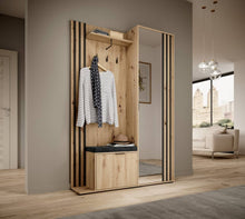 Load image into Gallery viewer, Nelly Hallway Set 131cm Arte-N NELLY-GARD-OAN-POD-BL W131cm x H192cm x D40cm Colour: Oak Artisan Black White Oak Artisan One Hinged Door [Partially Glassed] Six Shelves Two Hanging Rails Two Hangers Pull-Down Door Upholstered Bench Matching Furniture Available Made from 16mm high-quality laminated board Assembly Required Weight: 83kg Estimated Direct Home Delivery Time: 3-4 Weeks *Fixings for wall mounting are not provided as specific ones are required for your type of wall