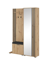Load image into Gallery viewer, Nelly Hallway Set 131cm Arte-N NELLY-GARD-OAN-POD-BL W131cm x H192cm x D40cm Colour: Oak Artisan Black White Oak Artisan One Hinged Door [Partially Glassed] Six Shelves Two Hanging Rails Two Hangers Pull-Down Door Upholstered Bench Matching Furniture Available Made from 16mm high-quality laminated board Assembly Required Weight: 83kg Estimated Direct Home Delivery Time: 3-4 Weeks *Fixings for wall mounting are not provided as specific ones are required for your type of wall
