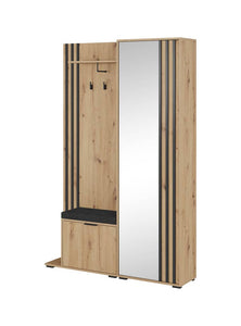 Nelly Hallway Set 131cm Arte-N NELLY-GARD-OAN-POD-BL W131cm x H192cm x D40cm Colour: Oak Artisan Black White Oak Artisan One Hinged Door [Partially Glassed] Six Shelves Two Hanging Rails Two Hangers Pull-Down Door Upholstered Bench Matching Furniture Available Made from 16mm high-quality laminated board Assembly Required Weight: 83kg Estimated Direct Home Delivery Time: 3-4 Weeks *Fixings for wall mounting are not provided as specific ones are required for your type of wall
