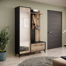 Load image into Gallery viewer, Diamond Hallway Set 134cm Arte-N DIAMOND-GARD-OEB-POD-BL W134cm x H197cm x D39cm Colour: Front: Oak Evoke Carcass: Black One Hinged Door [Partially Mirrored] Six Shelves Three Hangers Hanging Rail Pull-Down Door [Push-To-Open] Upholstered Bench Matching Furniture Available Made from 16mm high-quality laminated board Assembly Required Weight: 80kg Estimated Direct Home Delivery Time: 3-4 Weeks *Fixings for wall mounting are not provided as specific ones are required for your type of wall