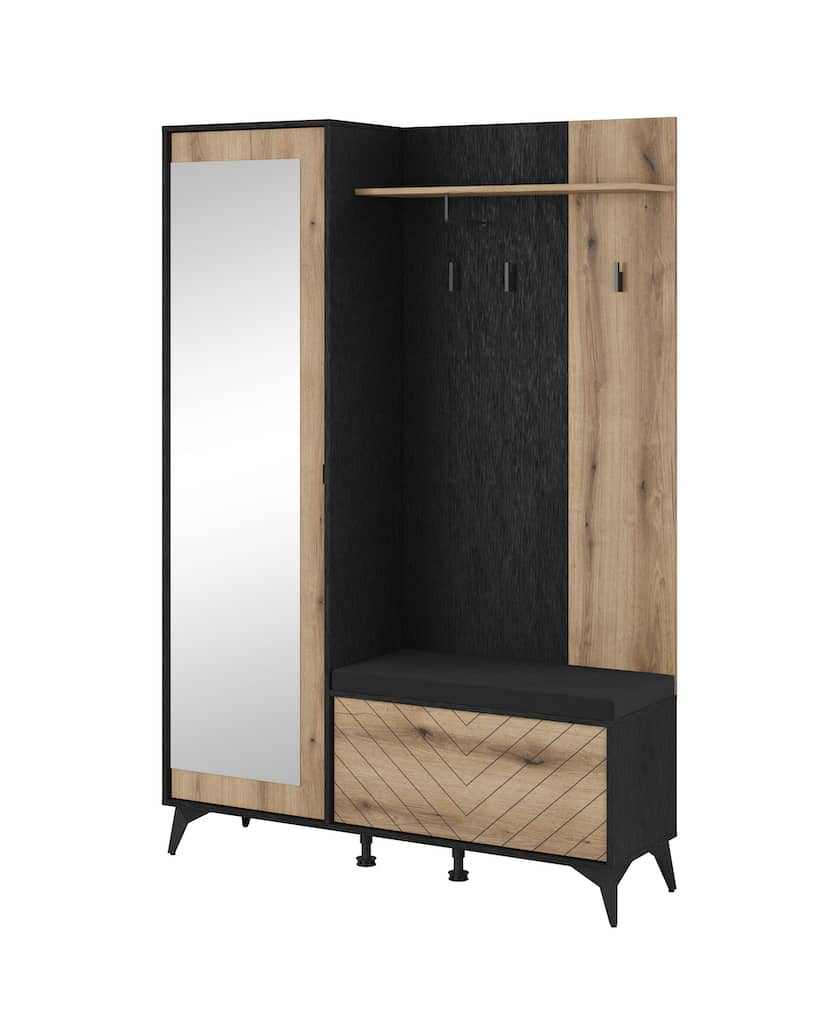 Diamond Hallway Set 134cm Arte-N DIAMOND-GARD-OEB-POD-BL W134cm x H197cm x D39cm Colour: Front: Oak Evoke Carcass: Black One Hinged Door [Partially Mirrored] Six Shelves Three Hangers Hanging Rail Pull-Down Door [Push-To-Open] Upholstered Bench Matching Furniture Available Made from 16mm high-quality laminated board Assembly Required Weight: 80kg Estimated Direct Home Delivery Time: 3-4 Weeks *Fixings for wall mounting are not provided as specific ones are required for your type of wall