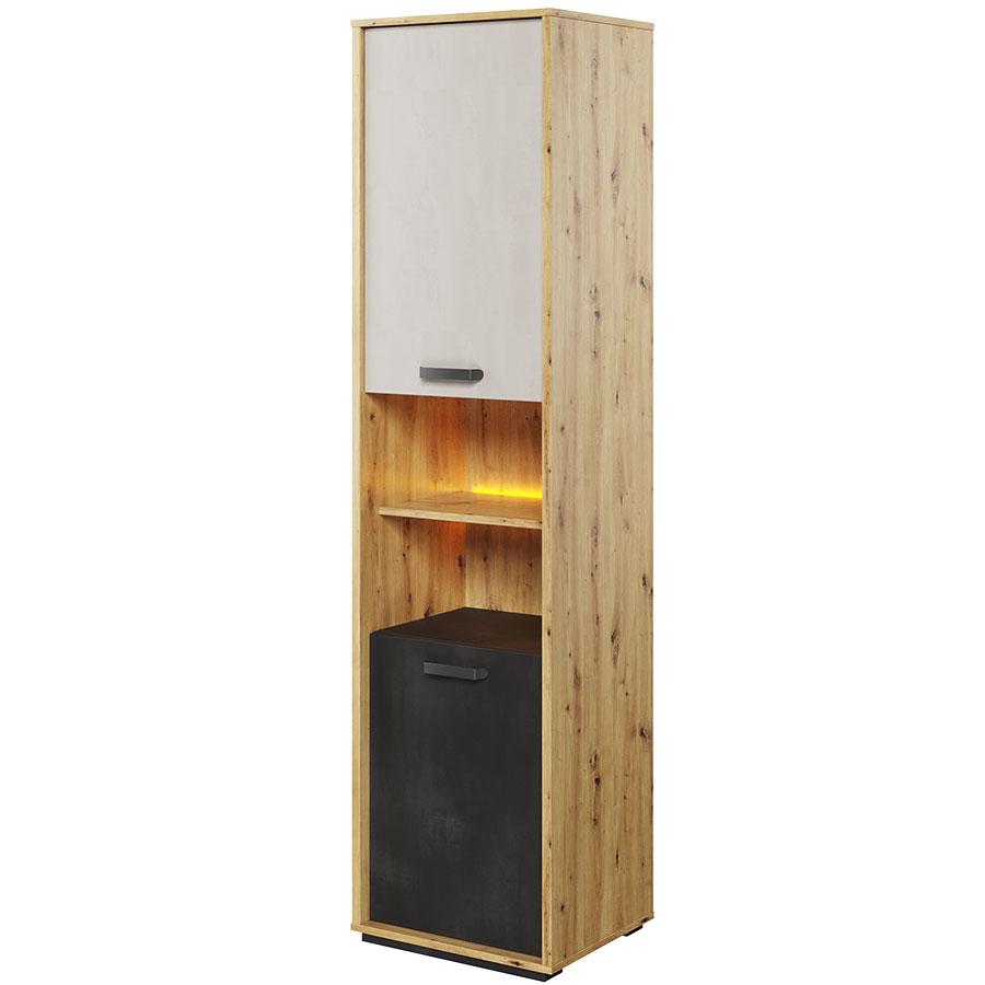 Qubic 04 Tall Storage Cabinet with LED Arte-N QUBIC QB-04 Add a striking piece to your home with this cabinet finished in an aesthetic combination of colours. Two open compartments are featured for display, while the two hinged doors conceal an additional set of compartments for keeping delicate items out of sight. Powered LED lighting is included with this piece, which will provide your home with a soft glow. W50cm x H195cm x D42cm Body colour: Oak Artisan Front colour: Silk Flou Raw Steel Two doors Three 