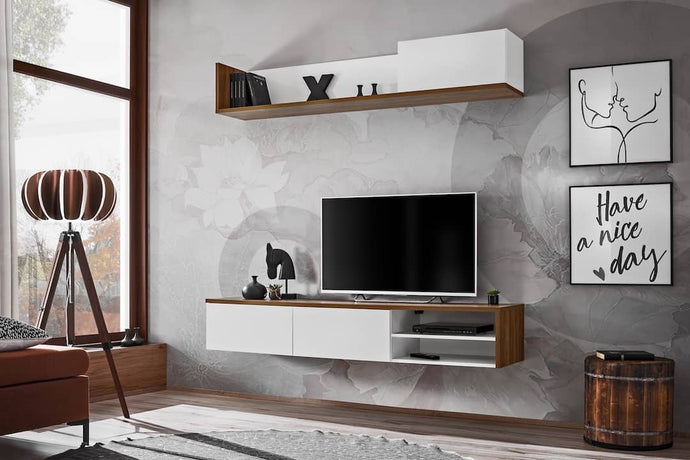 Dallas TV Entertainment Media Wall Unit Arte-N RSW DL Dallas is a functional, modern, brilliantly crafted entertainment unit that impresses with its high-quality craftsmanship features one TV cabinet a wall shelf, offering a total of three closed two open compartments as well as ample shelving space for storage. It is available in two different color combinations, so it will easily blend into any modern or contemporary decor. Made from 16mm laminated board, it is a durable piece of furniture that will last.