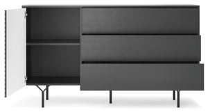Raven Sideboard Cabinet 144cm Arte-N RAVEN-KSZ144-BM W144cm x H83cm x D38cm Colour: Graphite One Hinged Door One Shelf Three Drawers Push-To-Open System Weight: 49kg Matching Furniture Available  Made from 16mm high-quality laminated board MDF Rippled Front Assembly Required Estimated Direct Home Delivery Time: 2-4 Weeks 
