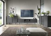 Load image into Gallery viewer, Raven Sideboard Cabinet 144cm Arte-N RAVEN-KSZ144-BM W144cm x H83cm x D38cm Colour: Graphite One Hinged Door One Shelf Three Drawers Push-To-Open System Weight: 49kg Matching Furniture Available  Made from 16mm high-quality laminated board MDF Rippled Front Assembly Required Estimated Direct Home Delivery Time: 2-4 Weeks 
