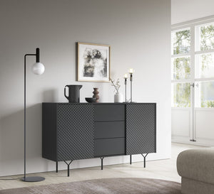 Raven Sideboard Cabinet 144cm Arte-N RAVEN-KSZ1442D-BM W144cm x H83cm x D38cm Colour: Graphite Two Hinged Doors Two Shelves Three Drawers Push-To-Open System Weight: 50kg Matching Furniture Available  Made from 16mm high-quality laminated board MDF Rippled Fronts Assembly Required Estimated Direct Home Delivery Time: 2-4 Weeks 