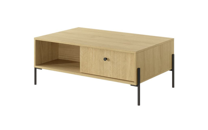 Sci Coffee Table 101cm Arte-N SCI-G-OSC W101cm x H40cm x D60cm Colour: Sci Oak Two Drawers Open Compartment Black Metal Hles Black Metal Legs ABS Edging Matching Furniture Available  Made from 16mm high-quality laminated board Assembly Required Weight: 24kg Estimated Direct Home Delivery Time: 3-5 Weeks