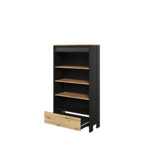 Spot SP-03 Bookcase Arte-N SPOT SP-03 Featuring four large open compartments one spacious drawer for storage, the Spot bookcase offers plenty of space for you to store your favourite books display eye-catching ornaments. The bookcase is crafted from 16mm laminated board with a sophisticated black matt finish that complements most modern interiors. The oak accents give it a warm look that's perfect for cosy living rooms bedrooms. W72cm x H161cm x D38cm Colour: Front: Oak Artisan Carcass: Black Matt Three She