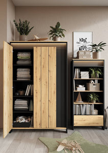 Spot SP-03 Bookcase Arte-N SPOT SP-03 Featuring four large open compartments one spacious drawer for storage, the Spot bookcase offers plenty of space for you to store your favourite books display eye-catching ornaments. The bookcase is crafted from 16mm laminated board with a sophisticated black matt finish that complements most modern interiors. The oak accents give it a warm look that's perfect for cosy living rooms bedrooms. W72cm x H161cm x D38cm Colour: Front: Oak Artisan Carcass: Black Matt Three She
