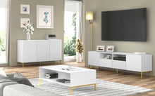 Load image into Gallery viewer, Surf Sideboard Cabinet 150cm Arte-N SURF-C3D-150-WM W150cm x H87cm x D42cm Colour: White Black Three Hinged Doors Three Shelves Push-To-Open System Gold Metal Legs Matching Furniture Available  MDF Fronts Made from 16mm high-quality laminated board Assembly Required Weight: 38kg Estimated Direct Home Delivery Time: 3 - 4 Weeks