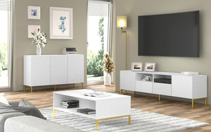 Surf TV Cabinet 200cm Arte-N SURF-RTV200-WM W200cm x H56cm x D42cm Colour: White Two Hinged Doors [Push-To-Open System] Two Drawers Two Open Compartment Cable Management System Gold Metal Legs Matching Furniture Available MDF Fronts Made from 16mm high-quality laminated board Assembly Required Weight: 48kg Estimated Direct Home Delivery Time: 3 - 4 Weeks
