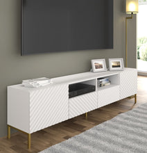 Load image into Gallery viewer, Surf TV Cabinet 200cm Arte-N SURF-RTV200-WM W200cm x H56cm x D42cm Colour: White Two Hinged Doors [Push-To-Open System] Two Drawers Two Open Compartment Cable Management System Gold Metal Legs Matching Furniture Available MDF Fronts Made from 16mm high-quality laminated board Assembly Required Weight: 48kg Estimated Direct Home Delivery Time: 3 - 4 Weeks