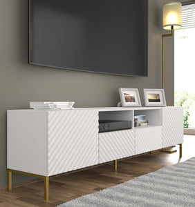 Surf TV Cabinet 200cm Arte-N SURF-RTV200-WM W200cm x H56cm x D42cm Colour: White Two Hinged Doors [Push-To-Open System] Two Drawers Two Open Compartment Cable Management System Gold Metal Legs Matching Furniture Available MDF Fronts Made from 16mm high-quality laminated board Assembly Required Weight: 48kg Estimated Direct Home Delivery Time: 3 - 4 Weeks