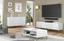 Load image into Gallery viewer, Surf TV Cabinet 200cm Arte-N SURF-RTV200-4D-WM W200cm x H56cm x D42cm Colour: White Black Four Hinged Doors [Push-To-Open System] Gold Metal Legs Matching Furniture Available  MDF Fronts Made from 16mm high-quality laminated board Assembly Required Weight: 45kg Estimated Direct Home Delivery Time: 3 - 4 Weeks